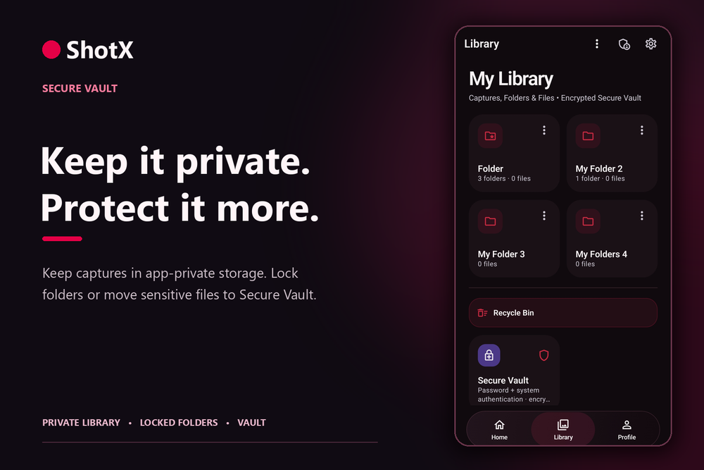 Real ShotX Library showing folders and the Secure Vault entry