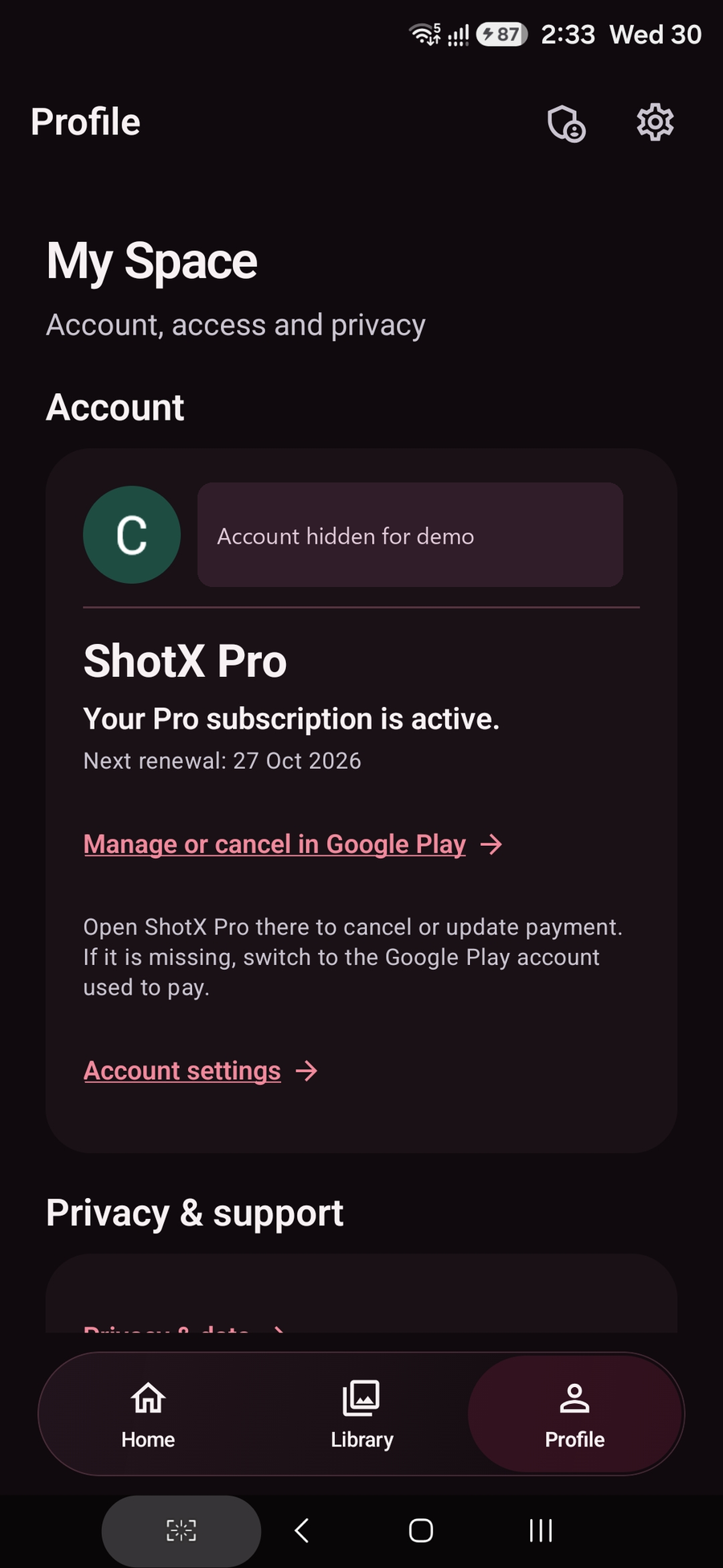 Real ShotX Profile showing an active paid Pro subscription with personal account details masked